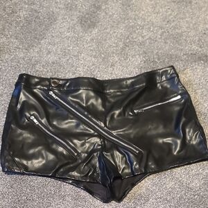 Black Faux Leather Shorts with Zipper Details